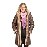 Infinity Women's Brown Long Winter Hooded Real Shearling Sheepskin Leather Duffle Coat