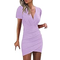 XJYIOEWT Formal Dresses for Women Short,Ladies Short Sleeve V Neck Dress Solid Color Waist Pleated Sexy Slim Short Dress