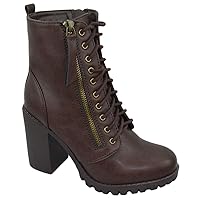 Soda Women Chunky High Heel Combat Army Military Riding Ankle Boots Lace Up Booties Malia-S