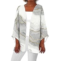 Women's Open Front Cardigan 3/4 Sleeve Casual Duster Blouse Tops Coat Retro Print Cardigans Lightweight Jackets Trendy Jackets for Women Cotton Clothe（2-Gray,X-Large）