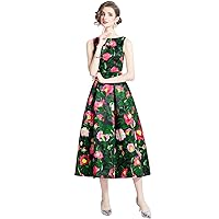 Spring Summer Fall Vintage Floral Print Crew Boat Neck Sleeveless Women Ladies Casual Party Midi Long Vest Dresses