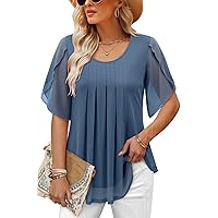 onlypuff Womens Blouse Half Sleeve Floral Double Layered Sheer Flowy Tunic Tops Round/V Neck Casual Shirts