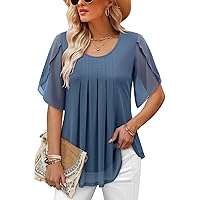 onlypuff Womens Double Layered Tunic Tops Half Sleeve Floral Double Layered Sheer Flowy Blouse Round/V Neck Casual Shirts