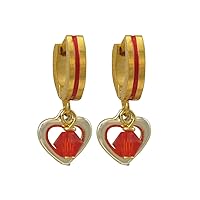 Gold Finish Red 4mm Crystal Girls Heart Dangle Earrings