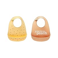 Pearhead Silicone Bib Set of 2, You're a Peach Dishwasher Safe Bibs with Food Catcher, Earth Tone Baby Bib Set, Baby Feeding Accessory for New Parents and Expecting Parents, 2 Baby Bibs