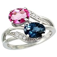 14K White Gold Diamond London Blue & Pink Topaz 2-Stone Ring Oval 8x6mm, Sizes 5-10