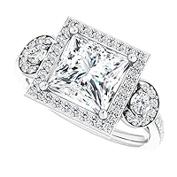 ERAA JEWEL 3 Princess Colorless Moissanite Engagement Ring, Wedding/Bridal Rings Set, Solitaire Halo Style, Solid Gold Silver Vintage Antique Anniversary Promise Ring Gift for Her