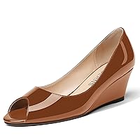 WAYDERNS Women's Slip On Peep Toe Patent Leather Wedge Low Heel Pumps Shoes 2 Inch