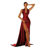GUKARLEED Women's V Neck Satin Prom Dresses High Slit Ball Gown Long Open Back Formal Gowns Ruched Evening Dress
