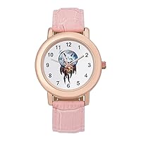 White Wolf in Dream Catcher Dragonfly Women's Watches Classic Quartz Watch with Leather Strap Easy to Read Wrist Watch