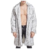 Men's Winter Faux Fur Coats Turn-Down Collar Long Jackets Warm Overcoat Open Front Furry Outerwear with Pockets