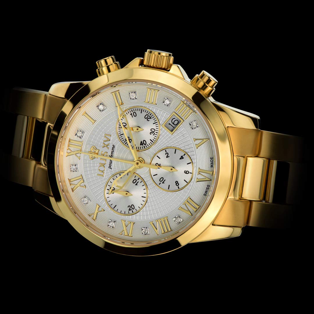 LOUIS XVI Damen-Armbanduhr Athos Pour Femme Stahlband Gold Weiss echte Diamanten Chronograph Analog Quarz Edelstahl 515