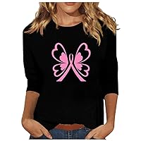 Breast Cancer Warrior Shirt Womens 3/4 Length Sleeve Tops Pink Ribbon Print T-Shirt Cancer Fight Will Tee Top