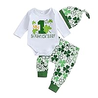 Kuriozud St Patricks Day Baby Boy Outfit First St Patricks Day Romper and Shamrock Pants Set with Hat 3Pcs Spring Clothes