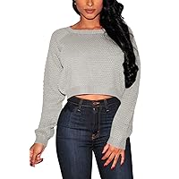 Pink Queen Women's Long Sleeves Knit Crewneck Crop Sweater Top Light Grey Size L