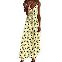 Women's Strap Dress Trendy Sleeveless Floral Print Maxi Dress V Neck Comfy Backless Ankle Dress(B-Yellow,Medium