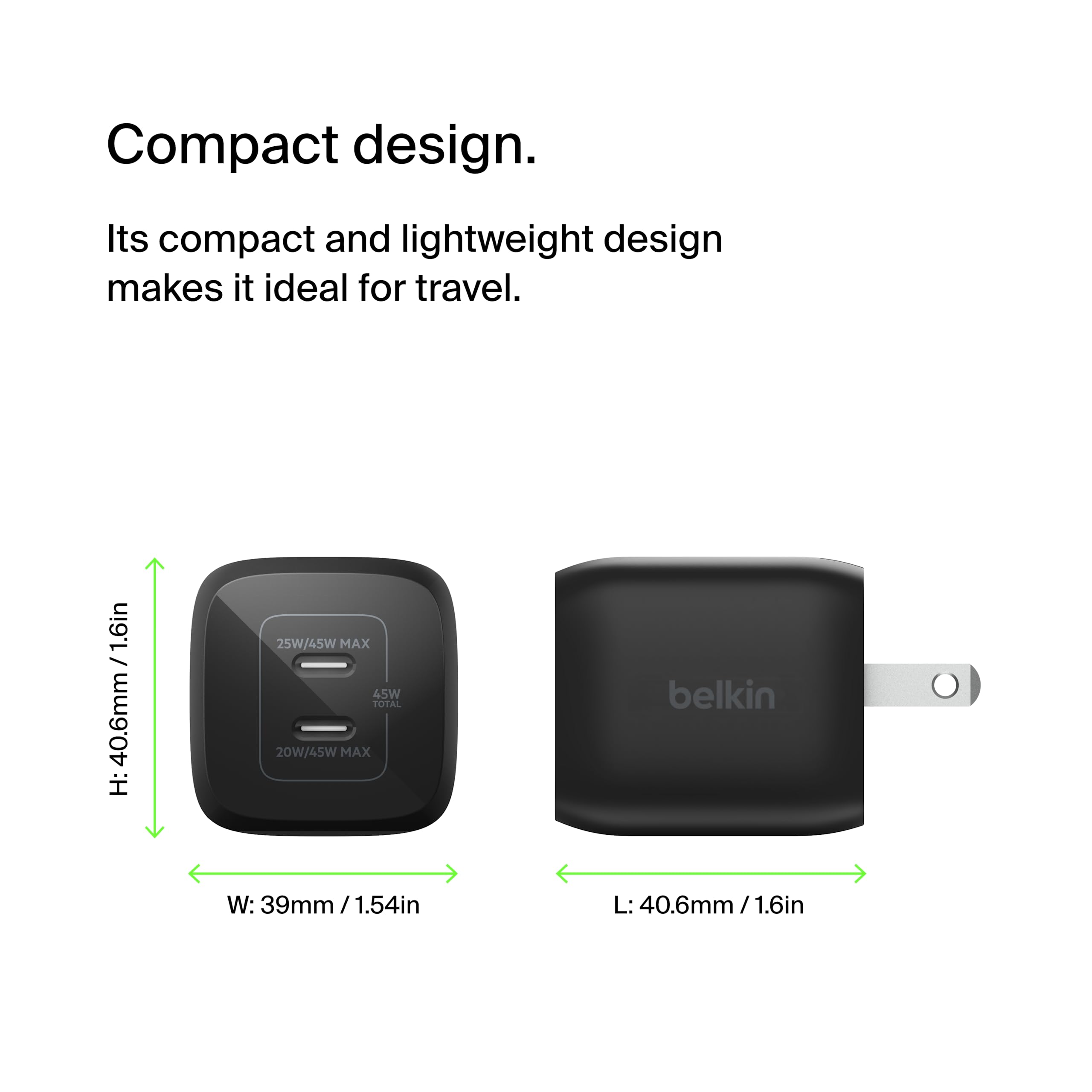 Belkin 45W Dual USB-C Wall Charger, Fast Charging Power Delivery 3.0 with GaN Technology for iPhone 14, 13, Pro, Pro Max, Mini, iPad Pro 12.9, MacBook, Galaxy S23, S23+, Ultra, Tablet, More - Black
