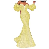 Off Shoulder Sequin Long Puffy Sleeves Prom Dresses 2022 for Women Mermaid Sparkly Evening Formal Gowns