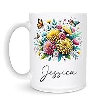 Custom-Name Dandelion Ceramic Mug - Vivid Dandelion Field Tea Cup with Butterflies, White Pottery Cup 11oz/15oz, Artistic Nature-Inspired Coffee Mug, Unique Floral Gift for Garden Enthusiasts
