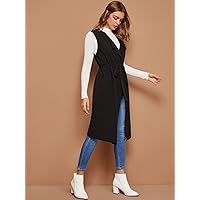 BOBONI Women's Jackets Autumn Solid Longline Belted Duster Vest Lightweight Fashion (Color : Black, Size : Medium)