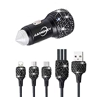 Bling Car Charger with USB Cable Set,Luxury Crystal Car Accessories Kits for Girls & Women,Rhinestone Dual USB Car Charger with Bling 3 in 1 Nylon Braided Charging Cable (Black)