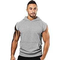 Men's Workout Hooded Tank Tops Sleeveless Gym Training Hoodies Summer Bodybuilding Muscle T Shirt Tops with Pocket