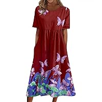 Summer Dress for Women Casual T Shirt Dresses Printed O-Neck Short Sleeve Beach Swing Maxi Dress with Pockets