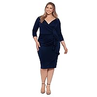 Xscape Women's Plus Size Midi V-Neck 3/4 Sleeve Side Ruched Dress