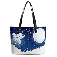 Womens Handbag Star Moon Rocket Leather Tote Bag Top Handle Satchel Bags For Lady
