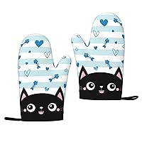 Cute Cat Oven Mitts Blue and White Stripe Silicone Gloves Kitchen Mittens Heat Resistant Non Slip Oven Mitts for BBQ Grilling Cooking Baking, 1 Pair