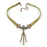 Victorian Olive Green Suede Style Diamante Choker Necklace In Bronze Tone Metal - 34cm Length with 7cm extension