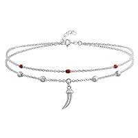 Bling Jewelry Boho Amulet Tooth Cornicello Italian Horn Double Chain Chili Pepper Anklet Ankle Bracelet Red Bead For Women Teen .925 Sterling Silver 9-10 Inch Adjustable