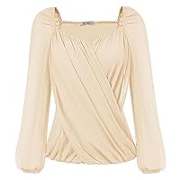 GRACE KARIN Women's Lantern Long Sleeve Tops 2024 Casual Loose Chiffon Shirts Criss Cross Ruffle Pleated Blouses
