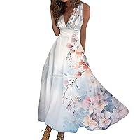 Dresses for Women 2024 Summer Wrap V Neck Beach Dress Sleeveless Floral Print Sundresses Flowy Elegant Maxi Dress