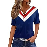4Th of July Tops for Women T Shirt Tee Independence Day Print Button Short Sleeve Daily Weekend V-Neck Top, S XXXL