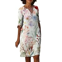 Flower Dresses for Women 2024, Womens Casual Midi Sleeve Printed V Neck Loose Mid Length Spring Dress, S, 3XL