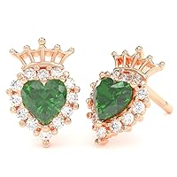 Lab-Created Emerald Diamond Claddagh Motive Stud Earrings in 14k Rose Gold