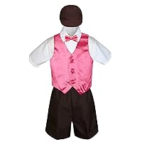 6pc Baby Toddler Little Boys Brown Shorts Extra Vest Bow Tie Set S-4T (4T, Coral Red)
