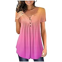 Henley Shirts for Women Short Sleeve Pleated V Neck Button Down Tops 2024 Summer Casual Gradient Color T Shirts
