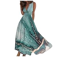 Womens Robes Flowy Dresses for Women Summer Marble Pattern Sexy Pretty Elegant Slim with Sleeveless Deep V Neck Dress Green X-Large