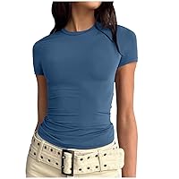 Summer Tops for Women Solid Fitted Short Sleeve Basic Tee Slim Fit Shirts Round Neck Crop Top Comfy Soft Blouses