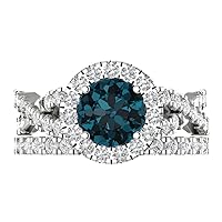 Clara Pucci 2.40ct Round cut Custom Engraving Halo Natural London Blue Topaz Engagement Ring Band Wedding Bridal Set 14k White Gold 10