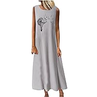 Summer Sleeveless Dresses for Women Cotton Linen Print Casual Kaftan Dress Loose Crew Neck Long Maxi Holiday Dress
