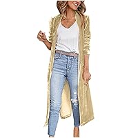 Long Sleeve Velvet Long Cardigan for Women 2024 Spring Summer Open Front Lapel Collar Outwear Jacket with Pockets
