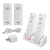 Wii Remote Battery Charger(Free USB Wall Charger+Lengthened Cord) Dual Charging Station Dock with Two Rechargeable Capacity Increased Batteries for Wii/Wii U Game Remote Controller (White)