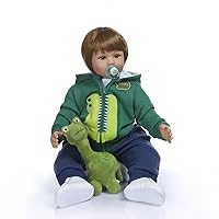 TERABITHIA 24 inch 60cm So Truly Big Real Baby Size 6-9Month Short Hair Silicone Reborn Toddler Dolls in Hoodie Dress Real Green Dino Soft Stuffed Body Newborn Boy Doll