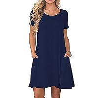 EFOFEI Ladies Short Sleeve Solid Color Dress Loose Casual Short Mini Shirt Dress with Pockets