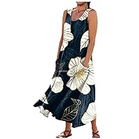Womens Summer Outfit Beach Dresses for Women 2024 Floral Print Bohemian Casual Loose Fit Flowy with Sleeveless U Neck Linen Dress Black 4X-Large