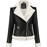 Women's Black Real Lambskin Leather Moto Jacket with Sherpa Faux Fur Collar,
