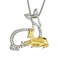 Deer Mom & Child Pendant Necklace Round 1.30 Ctw Sim Diamond 14K White & Yellow Gold Finish 925